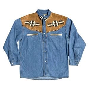 Vintage Shooter Shirt Mens S Chambray Snap Brown Leather Aztec Southwestern USA